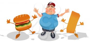 Royalty Free Clipart Image of a Happy, Man, Burger and French Fry