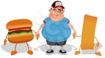 Royalty Free Clipart Image of an Overweight Man Holding Hands With a Burger and French Fry