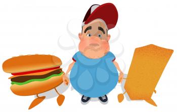 Royalty Free Clipart Image of an Overweight Man Holding Hands With a Burger and French Fires