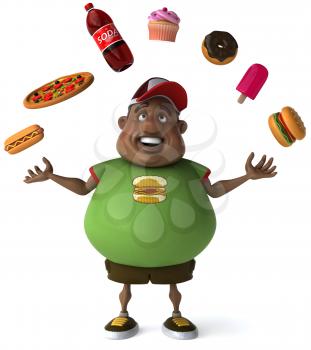 Royalty Free Clipart Image of an Overweight Man Juggling Fast Food