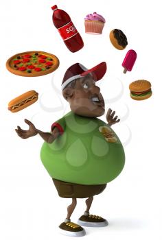 Royalty Free Clipart Image of an Overweight Black Man Juggling Fast Food