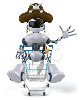 Royalty Free Clipart Image of a Robot Pirate With a Shopping Cart