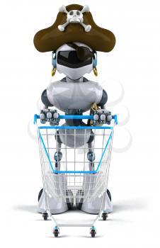 Royalty Free Clipart Image of a Pirate Robot With a Shopping Cart
