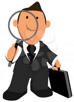 Royalty Free Clipart Image of a Guy in a Suit With a Briefcase and Magnifying Glass