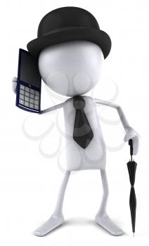 Royalty Free Clipart Image of a Man In a Bowler Showing a Calculator
