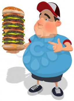 Royalty Free Clipart Image of a Guy Pointing to a Big Cheeseburger
