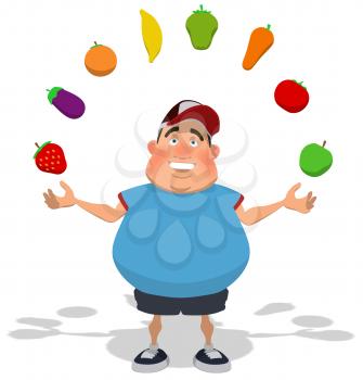 Royalty Free Clipart Image of an Overweight Man Juggling Fruit