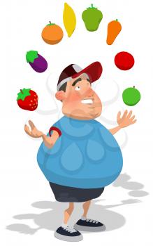 Royalty Free Clipart Image of an Overweight Man Juggling Fruit