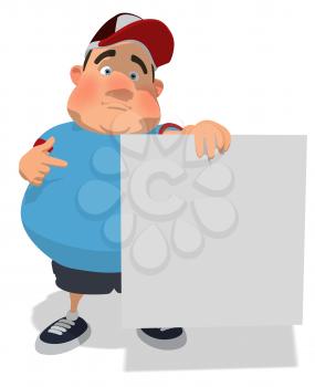 Royalty Free Clipart Image of an Overweight Man Holding a Sign