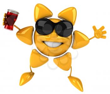 Royalty Free Clipart Image of a Sun in Sunglasses Holding a Drink
