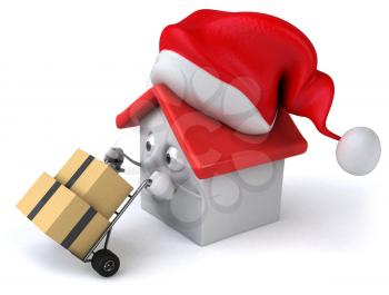 Royalty Free Clipart Image of a House in a Santa Hat Moving Boxes