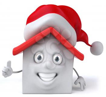 Royalty Free Clipart Image of a House in a Santa Hat Giving Thumbs Up