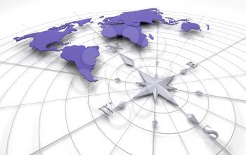 Royalty Free Clipart Image of a World Map on a Compass