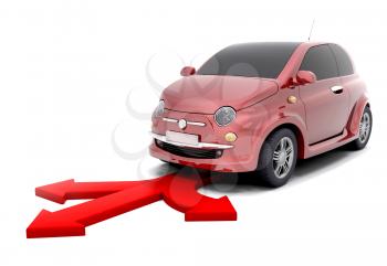 Royalty Free Clipart Image of a Small Car With Arrows in Front