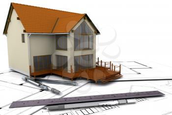 Royalty Free Clipart Image of a House on Blueprints
