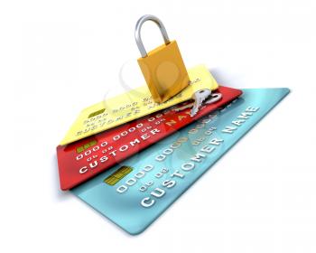 Royalty Free Clipart Image of a Padlock on Credit Cards