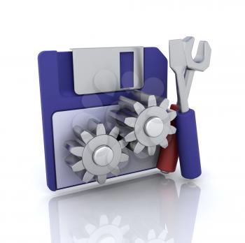 Royalty Free Clipart Image of a Disk With Gears and Tools