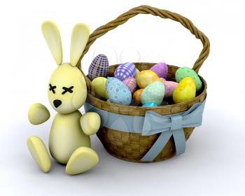 Royalty Free Clipart Image of an Easter Bunny By a Basket