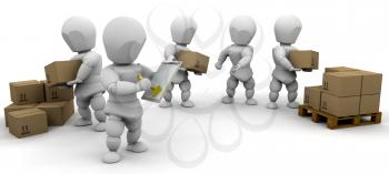 Royalty Free Clipart Image of Workers Stacking Delivery Boxes