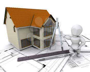 Royalty Free Clipart Image of a Person Next to a House On Plans