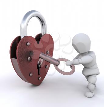 Royalty Free Clipart Image of a Person Opening a Heart Shaped Padlock