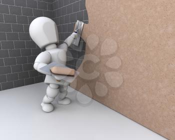 Royalty Free Clipart Image of a Person Plastering a Brick Wall