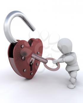 Royalty Free Clipart Image of a Person Unlocking a Heart Shaped Padlock