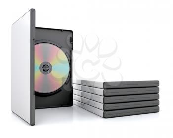 Royalty Free Clipart Image of an Open DVD Case Beside a Stack of Other DVDs