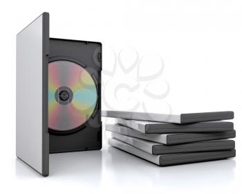 Royalty Free Clipart Image of an Open DVD Case Beside a Pile of Cases