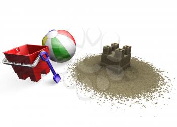 Royalty Free Clipart Image of Sand Toys and a Sandcastle