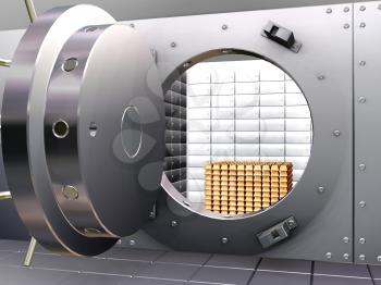 Royalty Free Clipart Image of an Open Bank Vault With Gold Blocks