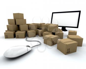 Royalty Free Clipart Image of a Group of Packages Around a Computer and Mouse