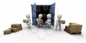 Royalty Free Clipart Image of People Unloading Boxes From a Storage Container