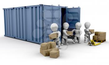 Royalty Free Clipart Image of People Unloading a Cargo Carrier