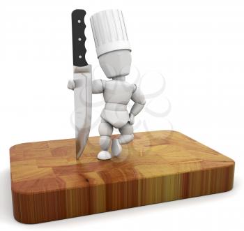 Royalty Free Clipart Image of a Chef With a Knife on a Cutting Board