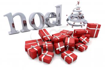 Royalty Free Clipart Image of a Noel With Presents and a Silver Tree