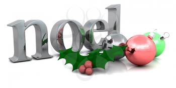 Royalty Free Clipart Image of Holly and Ornaments Beside Noel