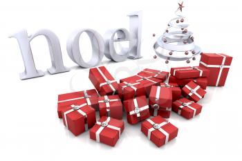 Royalty Free Clipart Image of a Festive Greeting With a Tree and Presents