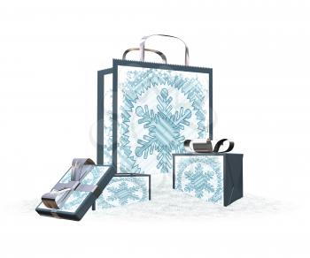Royalty Free Clipart Image of a Gift Bag and Boxes in the Snow