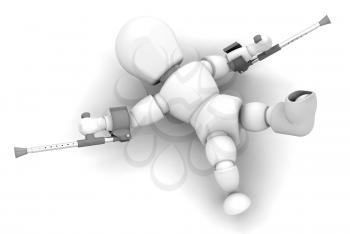 Royalty Free Clipart Image of a 3D Guy With Crutches and a Foot in a Cast