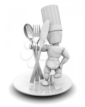 Royalty Free Clipart Image of a Chef on a Plate With Cutlery
