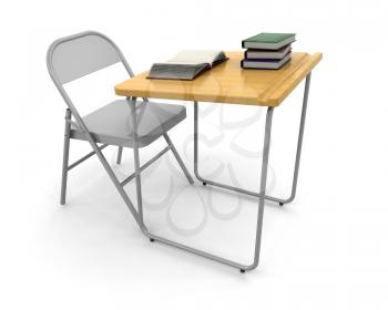 Royalty Free Clipart Image of a Desk and Chair With a Stack of Books
