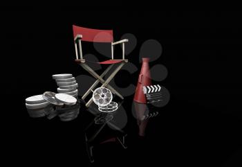 Royalty Free Clipart Image of a Movie Director's Chair With Bullhorn, Clapper and Reels on Black