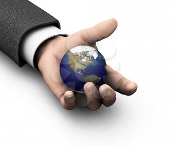 Royalty Free Clipart Image of The World in a Man's Hand