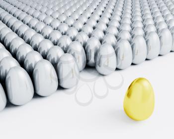 Royalty Free Clipart Image of a Golden Egg Standing Out From a Group of Silver Ones