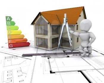 Royalty Free Clipart Image of a House, Man and Energy Ratings on Blueprints