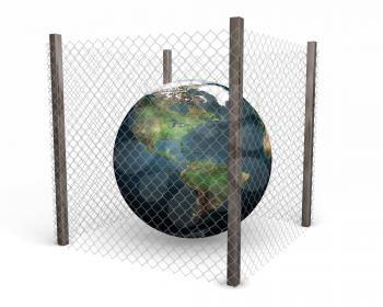 Royalty Free Clipart Image of a Globe Inside a Wire Fence