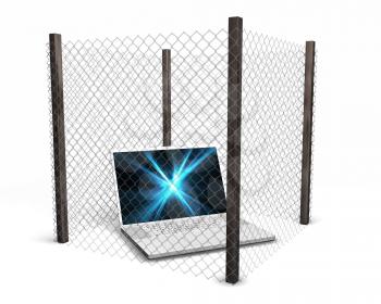 Royalty Free Clipart Image of a Computer in a Wire Fence