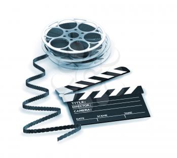 Royalty Free Clipart Image of Film Reels and a Clapper Board