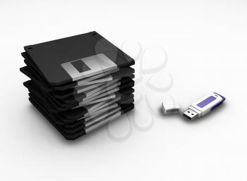 Royalty Free Clipart Image of a USB Drive and Floppy Disks